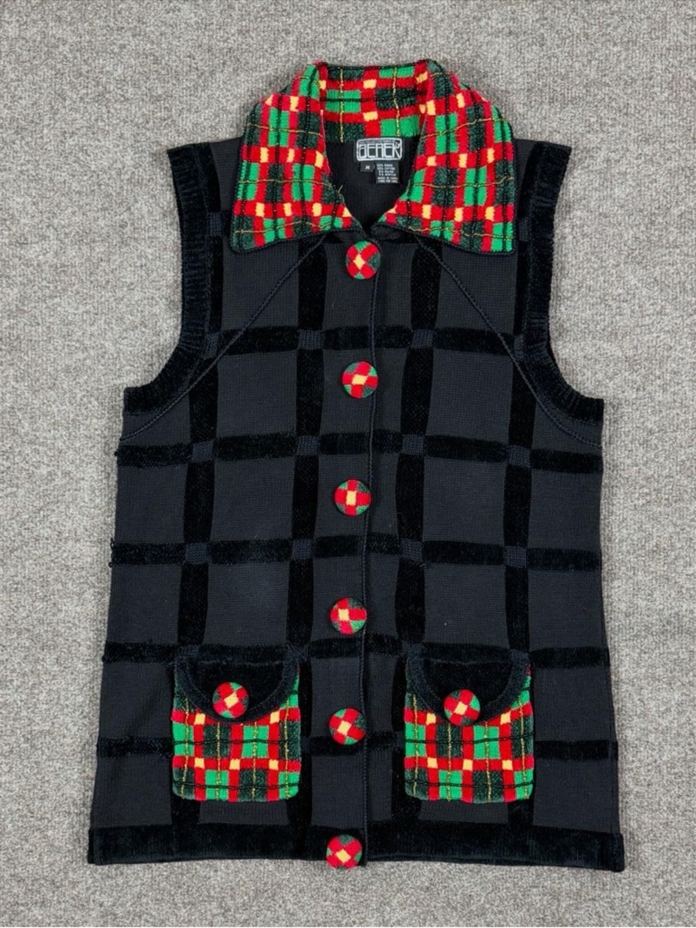 90s Black Checkered Velvet Cardigan‎ Sweater Vest Women’s M Colorful Plaid Trim